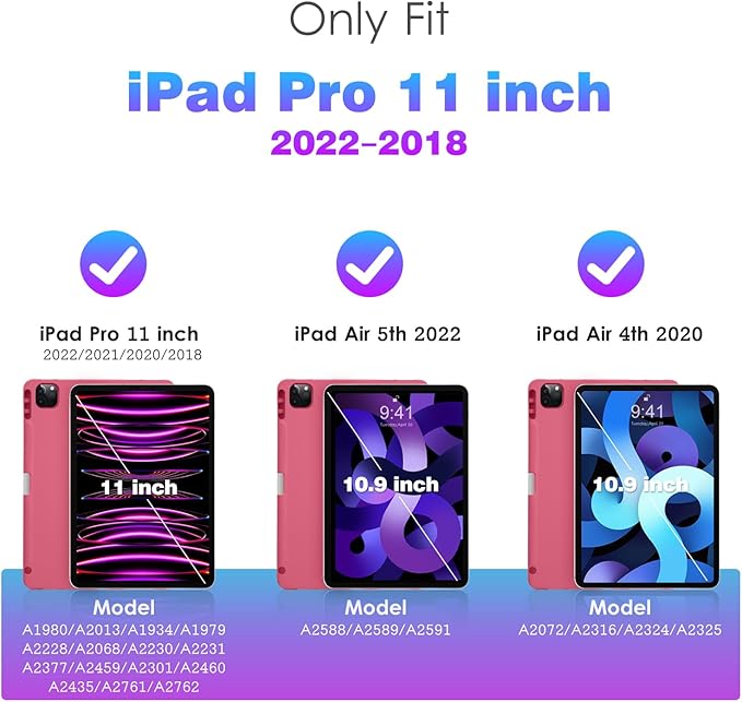 DTTO for iPad Pro 11 inch 4th/3rd/2nd/1st Generation 2022/2021/2020/2018 Case, Smart Slim Trifold Stand Soft TPU Back Cover with Built-in Pencil Holder, Also Fit iPad Air 5/4,Rose Red