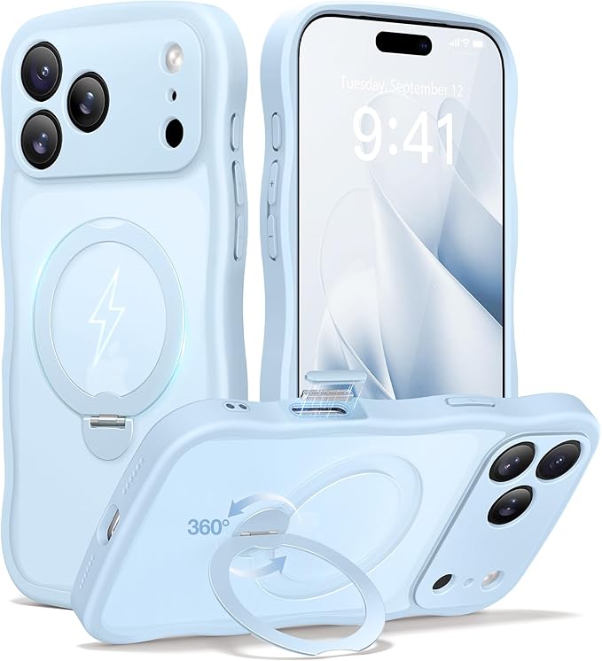 CAPRARO for iPhone 17 Pro Max Case with 360° Spin Magnetic Stand for Women, [Compatible with MagSafe] [Full Camera Protection] Cute Wave Translucent Matte Case for iPhone 17 Pro Max, Light Blue