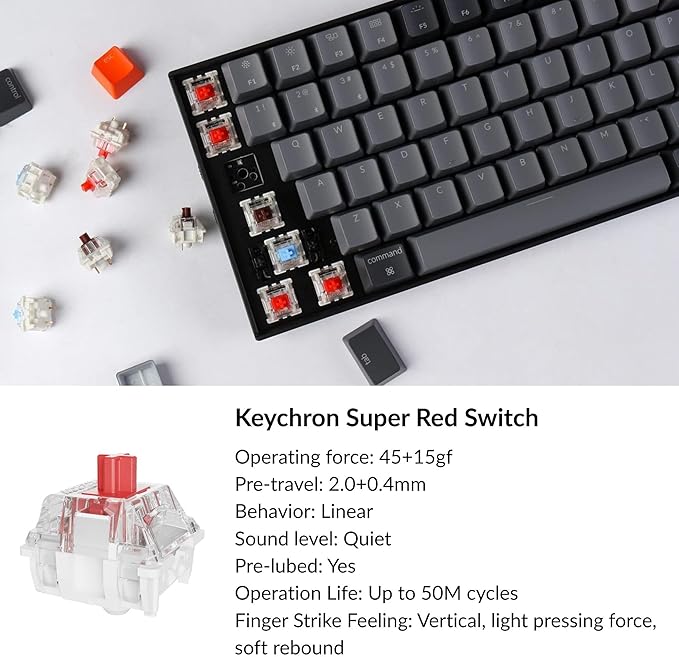 Keychron K4 96% Layout 100 Keys Wireless Bluetooth 5.1/Wired USB Mechanical Gaming Keyboard with Keychron Super Red Switch White LED Backlight N-Key Rollover for Mac Windows PC-Version 2