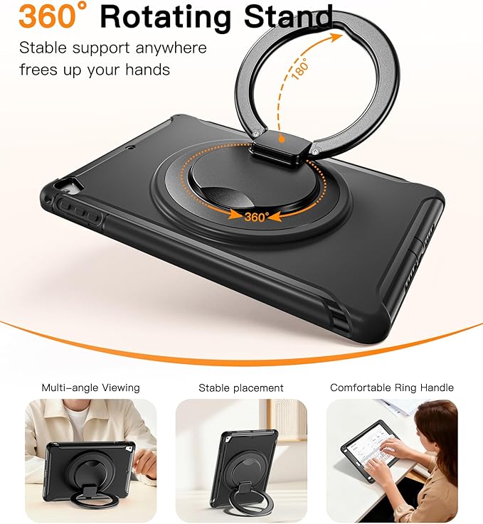 BATYUE Case for iPad 6th Generation 9.7 inch 2018, iPad 5th Gen 2017, iPad Air 2/ iPad Pro 9.7'' Shockproof Protective Cover with Pencil Holder &Rotating Kickstand for Kids,Boys,Girls, Black