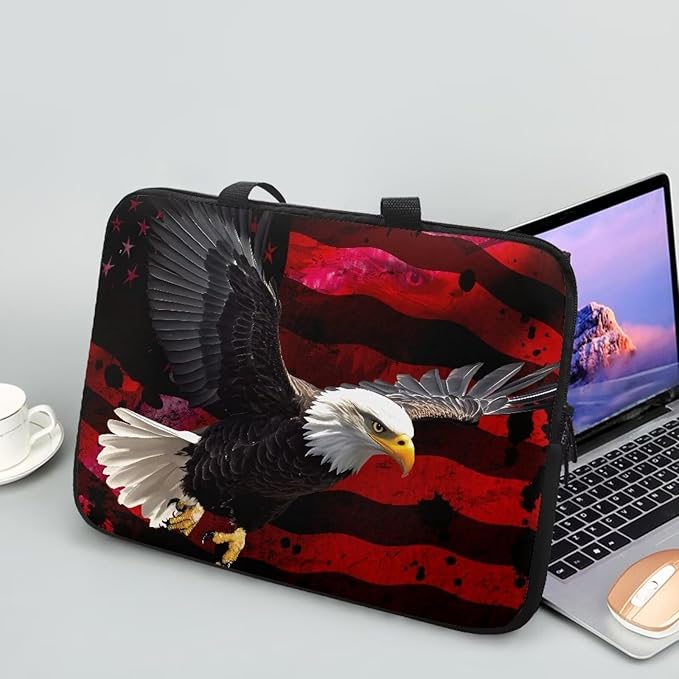 10 Inch American USA Flag Eagle Laptop Sleeve, Protective Tablet Case with Handle, Patriotic Computer Bag Carrying Case Notebook Cover Messenger Briefcase for Travel/Business/School