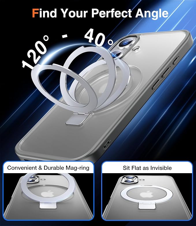 Chicfun 3-in-1 [Magnetic+Kickstand+Ring Holder] for iPhone 16 Plus Case with Stand Ring Holder， Compatible with MagSafe, Military Shockproof Kickstand Phone Case iPhone 16 Plus Cover Grey