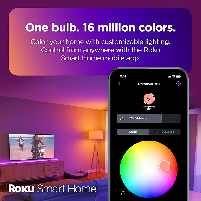 Roku Smart Light Bulbs (Color, 1-Pack) - Dimmable A19 Color Lightbulbs with Adjustable Brightness & Temperature - WiFi Smart Bulbs Works with Roku Voice, Alexa & Google Assistant - Smart Home Products