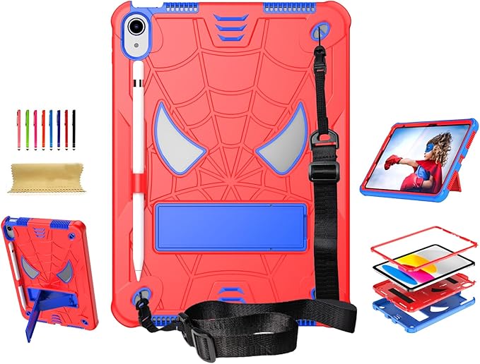 Dteck for iPad Air (3rd Generation) 2019 and iPad Pro (2017 Release) Hard Case 10.5" with Kickstand, Shoulder Strap/Screen Protector Film/Stylus Included, Shockproof Cute Spider Kid's Cover, Red/Blue