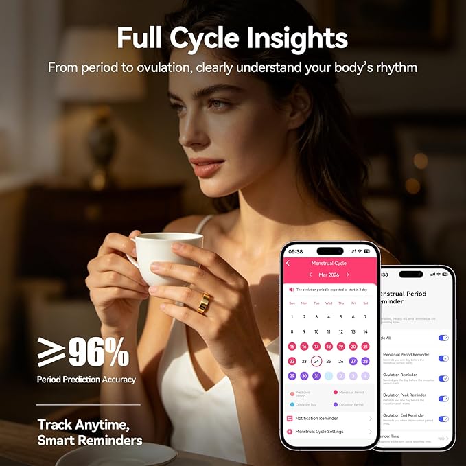 Smart Ring Fitness Tracker for Women and Men, Heart Rate Monitor, Sleep and Stress Monitoring, Menstrual Cycle Tracking, Step Counter, IP68 Waterproof, No Subscription, Compatible with iOS and Android