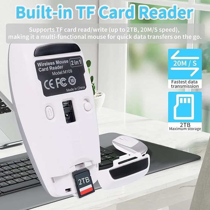 Mini Bluetooth Wireless Mouse with TF Card Reader, Rechargeable, Silent Click, Portable for Laptop, PC, Travel, Office & Home Use (Silver)
