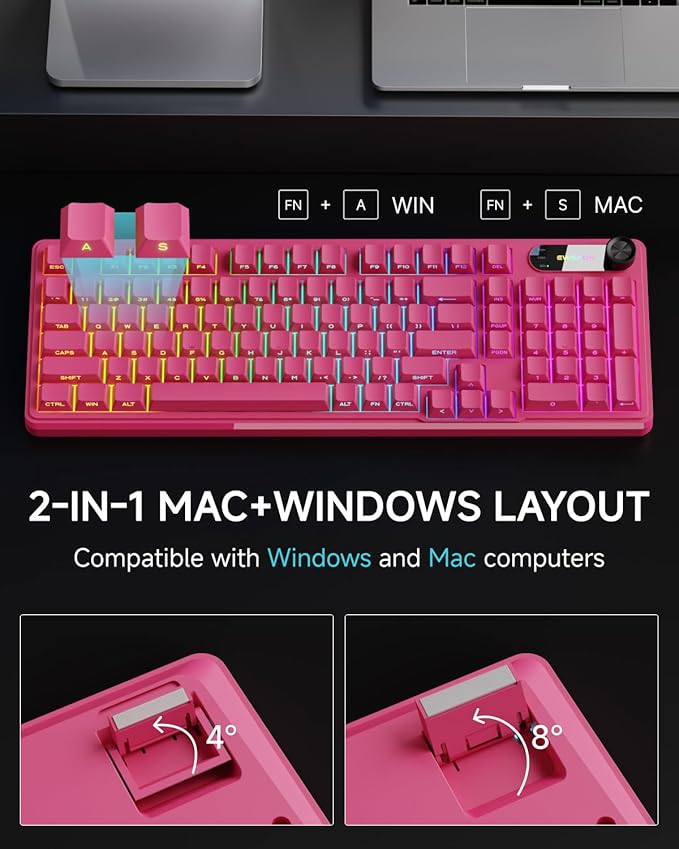 EWEADN V102 Wired Keyboard, 98 Keys Creamy Gaming Keyboard with Number Pad, Display Screen & Media Knob RGB Silent Wired Cute Computer Keyboard for Laptop PC Gamer - Dark Pink