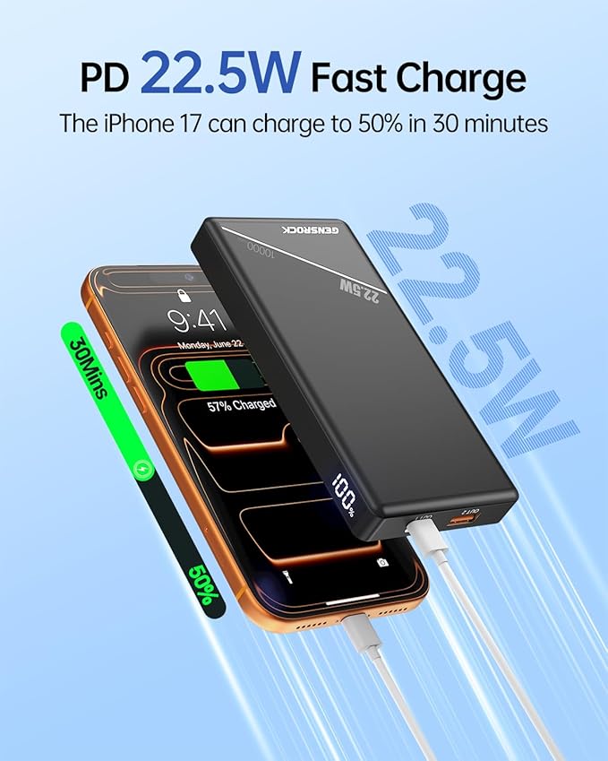 GENSROCK 2 Pack Portable Charger Power Bank 10000mAh, PD 22.5W Fast Charging with Exact LED Display,Portable Phone Charger for iPhone17/16/15/14/13 Galaxy S24/22 Pixel iPad Heated Vest & Travel