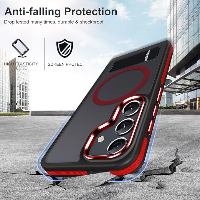 MALEWOLF Case for Galaxy S23 FE with 3 Modes Stand, Compatible with Magsafe, Color Collision Shockproof Case with Anti-Slip Strip, Matte Translucent Magnetic Case for Galaxy S23 FE (Black/Red)