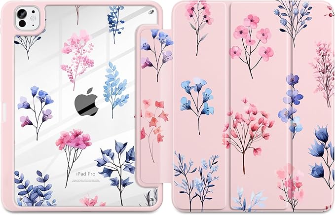 Case for iPad Pro 13 inch (M5) 2025 (M4) 2024 Release Slim Lightweight Cute Light Pink Cover with Clear Back TPU Edge Pencil Holder Trifold Stand, Hand-Drawn Florals