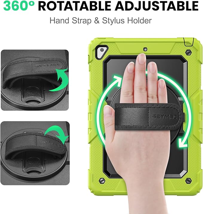 SEYMAC Case for iPad 6th/5th Generation 9.7 Inch, Full-Body Shockproof Heavy Duty Protective Case with Screen Protector, Rotating Stand/Hand/Shoulder Strap for iPad Air 2/ Pro 9.7, Green