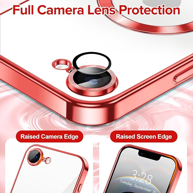 Hython Magnetic Clear for iPhone 16e Case with Camera Lens Protector [Compatible with MagSafe] Luxury Plating Edge Slim Soft TPU Cover Protective Phone Case for iPhone 16e 6.1", Red