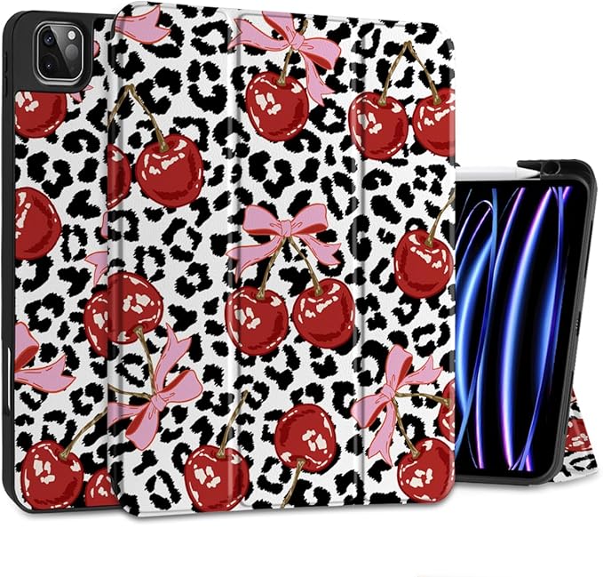 MEEgoodo for iPad Pro 12.9 Case M2 6th/5th/4th/3rd Generation 2022 2021 2020 2018 with Pencil Holder, Tablet Cover with Soft TPU Back Shell, Leopard & Cherry