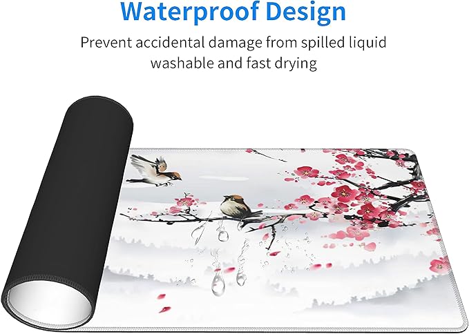Japanese Pagoda Cherry Blossom Gaming Mouse Pad XL Birds Sakura Branch Mountain Extended Large Desk Cover Table Mat Non-Slip Rubber Base Stitched Edge Long Keyboard Playmat for Gamer,31.5×11.8 in