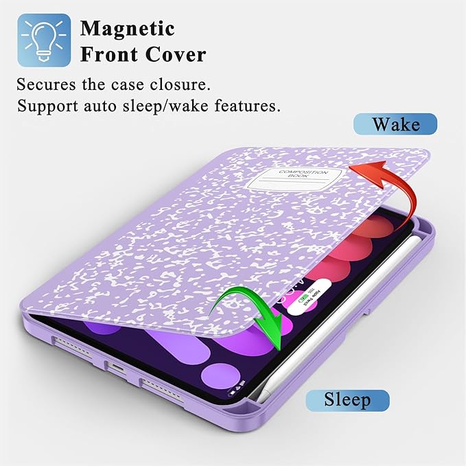 Supveco Case for iPad mini 7 (A17 Pro) 2024/iPad Mini 6 2021 8.3 Inch with Pencil Holder-[Auto Wake/Sleep],Slim Protective Case with Soft TPU Back Cover for iPad mini 7th/6th Generation-Lilac