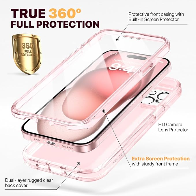 Diaclara Designed for iPhone 15 Case, Full Body Rugged Case with Built-in Touch Sensitive Anti-Scratch Screen Protector, with Camera Lens Protector for iPhone 15 6.1" (Clear Pink)