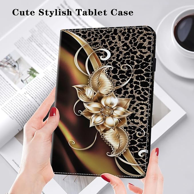 Case for iPad Pro 11 Inch (M5/M4) 2025/2024, PU Leather Tablet Cases Flip Folio Multi-Angle Viewing Stand Protective Cover with Card Slots - Metallic Flower