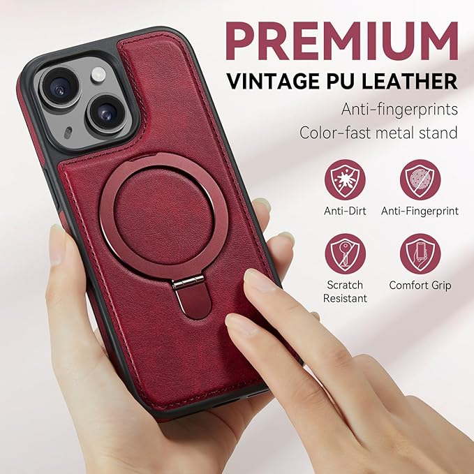 for iPhone 15 Case with Stand Compatible with Magsafe Slim PU Leather & Durable TPU Drop Proof Magnetic Kickstand Protective Phone Cover with Tempered Glass Screen Protector 6.1", Red