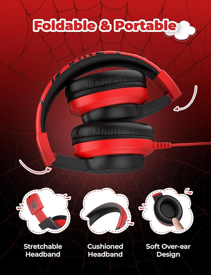 iClever HS19 Kids Headphones for School with Microphone, Safe Volume Limiter 74/85dBA, Over-Ear Girls Boys Headphones for Kids with FunShare Foldable Wired for iPad/Travel (Spider Black)