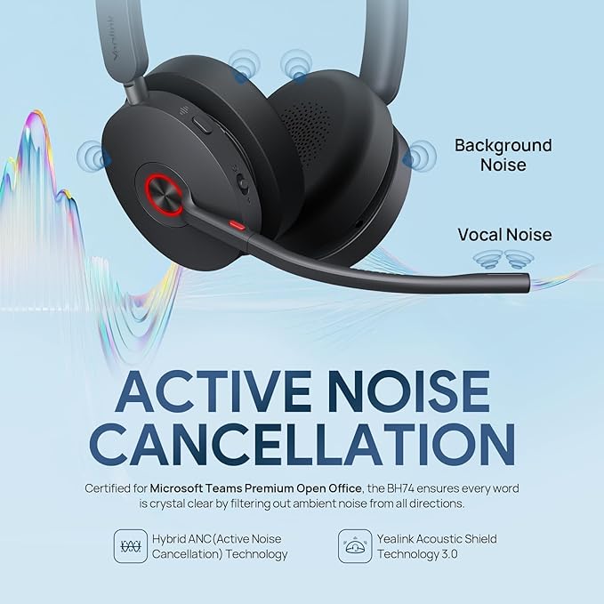 Yealink BH74 ANC Bluetooth Headset with Microphone for Hybrid Work, Microsoft Teams Premium Open Ofﬁce Certified Headsets with 6-mics Active Noise Cancellation, Zoom Certified, 65H Battery