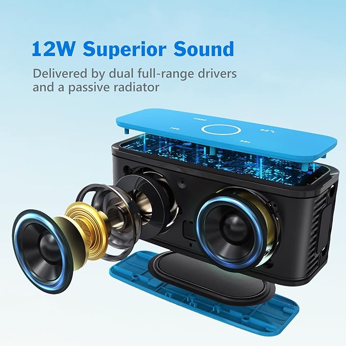 DOSS SoundBox Touch Wireless Bluetooth Speaker-12W HD Sound with Rich Bass, IPX5 Waterproof, 20H Playtime, Handsfree, for Gatherings, Home, Office, Outdoor, Travel-Blue