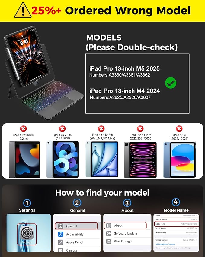 Clear Magnetic Keyboard Case for iPad Pro 13 Inch M5/M4 2025/2024, 7-Color Backlit & Multi-Touch Trackpad, Detachable 360 Rotation & Up-Down Lift Protective Case w/Stand, Black