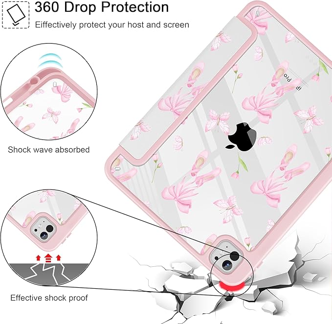 May Chen Case for iPad Pro 11-Inch M5/M4 2025/2024 (6th/5th Generation), [Penceil Holder] Trifold Stand Auto Wake/Sleep Clear TPU Protection Back Cover, Ballet Shoes