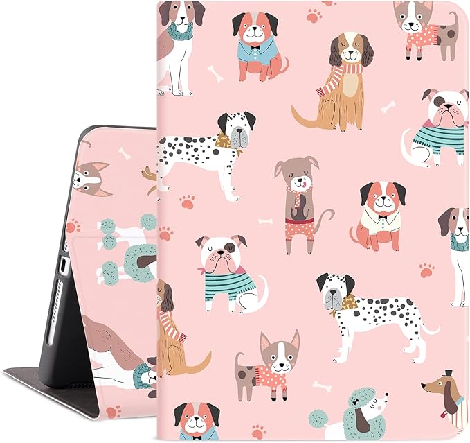 iPad Air 2/1 Case, iPad 5th/6th Generation 9.7 Case, Auto Wake/Sleep Multi-Angle Viewing Shockproof Protective Cover, Pink Dog