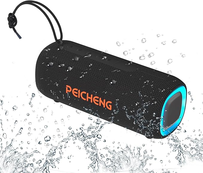 PEICHENG Bluetooth Speaker, Portable Wireless Clear Loud Stereo Sound IPX5 Waterproof with RGB Lights BT5.3 Long Playtime TWS Pairing,for Home Party Outdoor Beach,Great Gift Choice (Black)