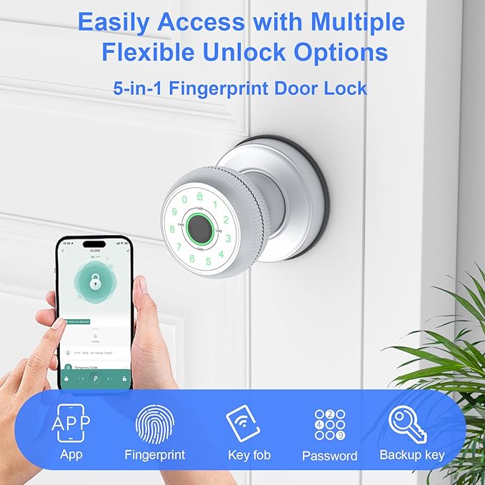 BIWIBON 5-in-1 Smart Door Knob, Fingerprint Door Knob with App Control, Smart Fingerprint Door Lock,Auto Lock, Ideal for Home, Bedroom, Office, Chrome