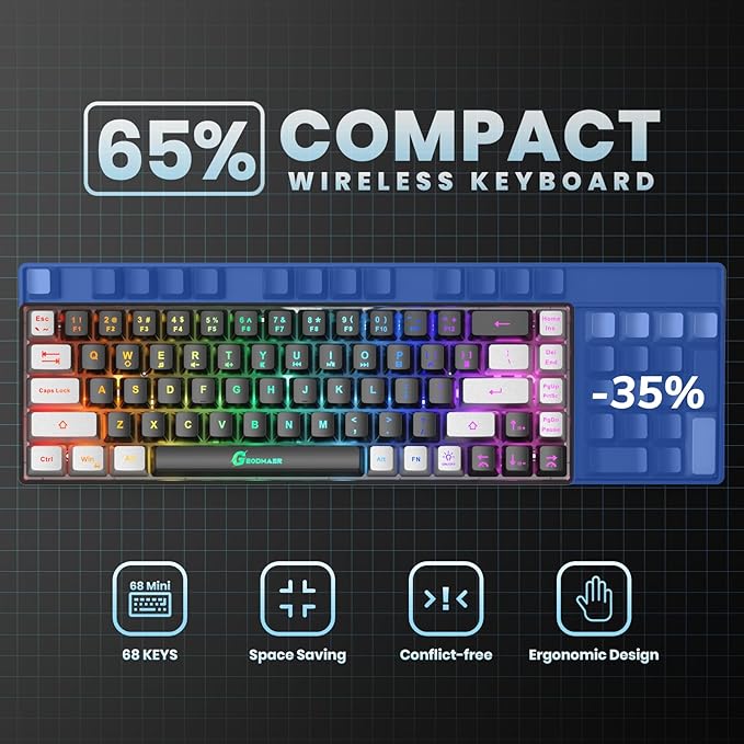 GEODMAER 65% Wireless Gaming Keyboard, Rechargeable Backlit Gaming Keyboard, 68 Keys Ultra-Compact Anti-ghosting No-Conflict Wireless Keyboard for PC Laptop Windows Gamer(Black-Grey)
