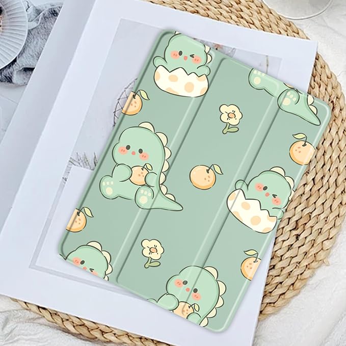 JOYLAND Cute Baby Dinosaur Pattern Case for iPad Pro 12.9" 6th/5th/4th/3rd Generation (2022/2021/2020/2018), Clear Transparent Acrylic Hard Back Case with Pencil Holder Trifold Stand Tablet Cover