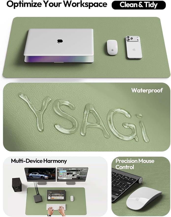 YSAGi Leather Desk Protector, Office Mat, Large Mouse Mat, Non-Slip PU Leather Blotter, Laptop Desk Mat, Waterproof Writing Pad for Office and Home (Bamboo Green, 31.5" x 15.8")