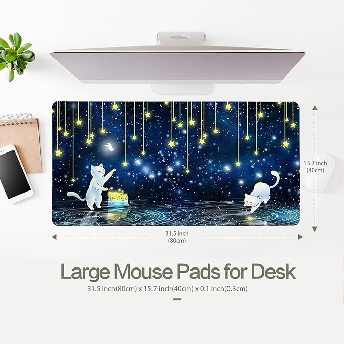 Cat Mouse Pad Desk Mat, Picking Star Cats Gaming Mouse Pad Blue Starry Sky Desk Pad Mousepad XXL Extended Keyboard Mat Mouse Mats, Waterproof, Computer Accessories, Gaming Room Decor, Magic Gift
