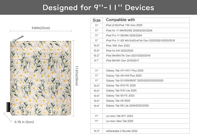 Dadanism 9-11 Inch Embroidered Daisy Padded Carrying Case Protective Tablet Sleeve for iPad A16 11th Gen 11"/10th Gen 10.9", iPad Air 11"/Pro 11"/Air 5th 4th 10.9", Galaxy Tab A11+ Plus 11", Beige
