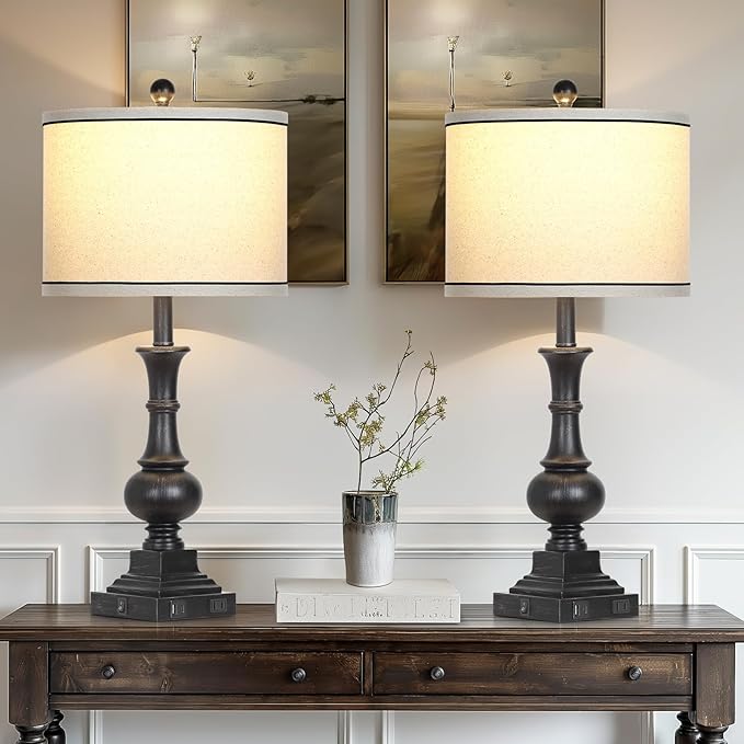 Lolikit Farmhouse Lamps Set of 2, Antique Vintage Rustic Touch Control Table Lamps with USB A+C Ports & AC Outlet, Retro Classic Bedside Nightstand Lamp for Living Room Bedroom Office Black