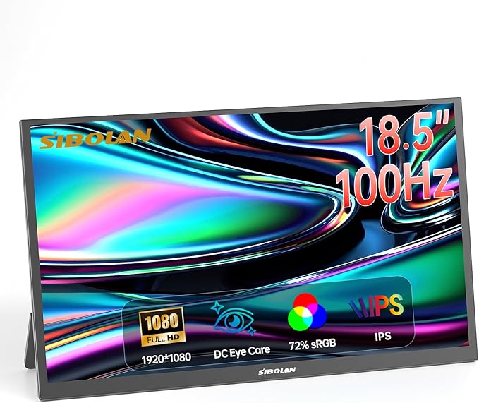 Portable Monitor 18.5inch 1080P FHD 100Hz Refresh Rate Gaming Monitor, 72% sRGB, IPS Panel, Dual USB-C & Mini-HDMI for Laptop, PC, Phone, Built-in Kickstand, Speakers