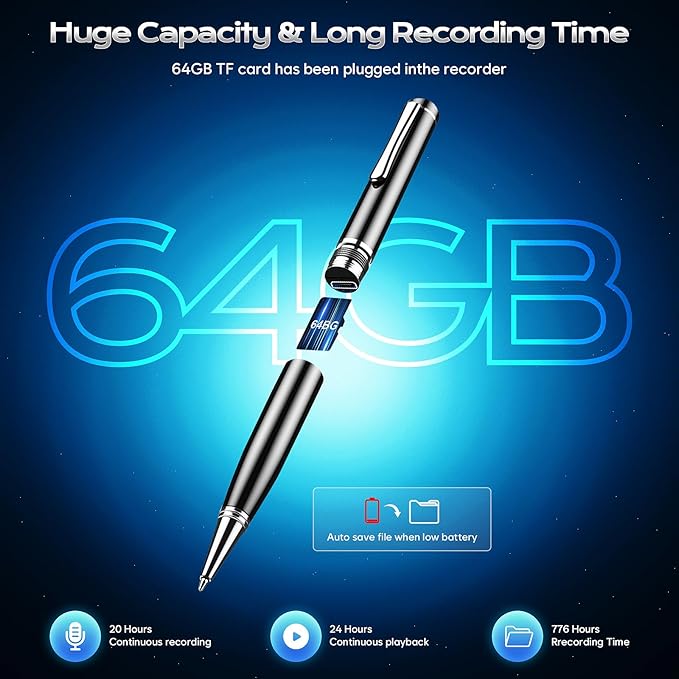 64GB Digital Voice Recorder - ZIPCIDE Digital Voice Activated Recorder with AI-Intelligent Noise Reduction, Voice Activated Sound Audio Tap Recorder Device for Lectures Meetings, Work, Interviews