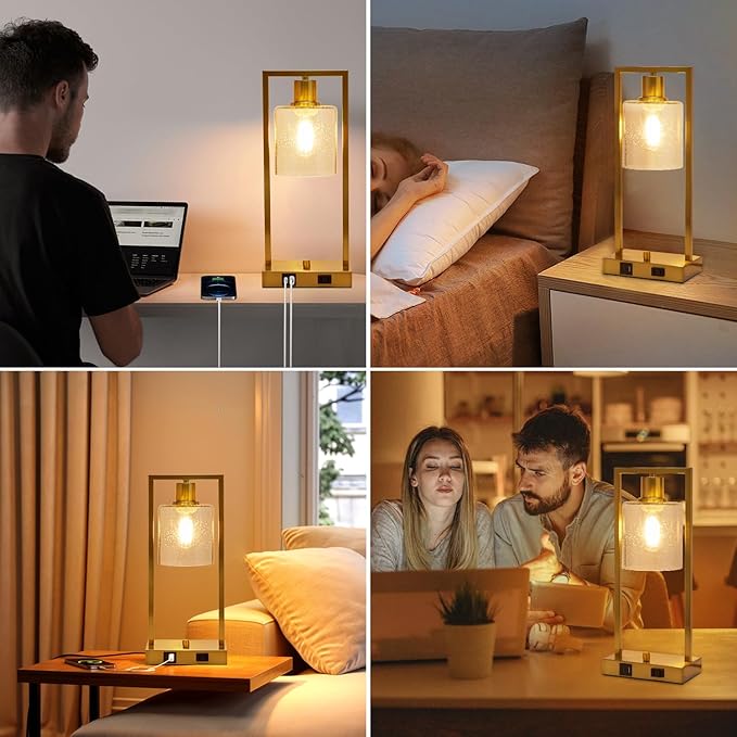 16" Desk Lamps for Home Office, Bedside Lamps with USB C+A Ports and Outlet, Gold Fully Stepless Dimmable Industrial Table Lamps with Seeded Glass Shade for Reading Living Room, LED Bulbs Included