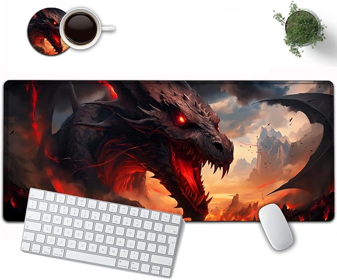 Large Mouse Pad, 31.5 x 11.8in Extended Gaming Mouse Pad with Stitched Edges, XXL Mousepad Protector Non Slip Rubber Base for Office and Home Writing Mat, Anime Fire Dragon Pattern Black Desk Mat