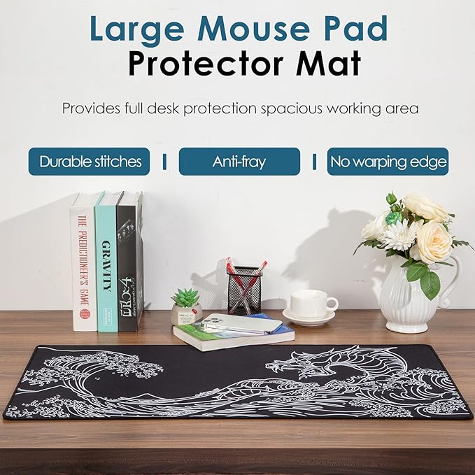 Waterproof Mouse Pad, Japanese Sea Wave Large Keyboard Pad with Anti-Slip Base, Extended Kanagawa Mat Desk Pad, for Gamer, Office & Home, Off to College/Back to School, 35.43"x15.75"