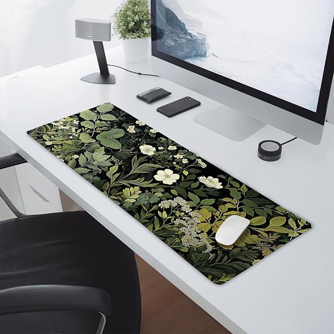 Green Leaves Mouse Pad XL Botanical Plants Beige Floral Extended Table Mat 80X30 cm Non-Slip Rubber Base Stitched Edge Large XL Mousepad for Desk Gaming Laptop Desk Top,31.5×11.8 Inch