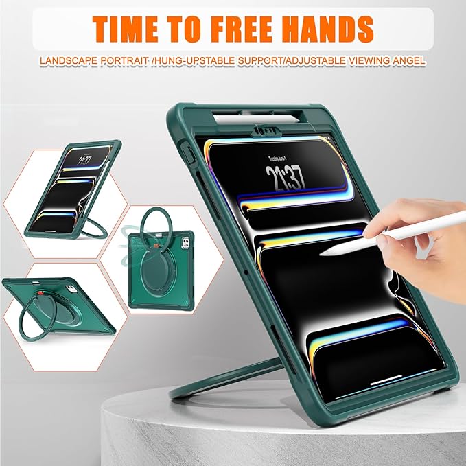 Batianda for iPad Pro 13 inch Case 2025 M5 2024 M4 Chip Lightweight Dual-Layer Protective Tablet Cover, Durable Shock-Absorbing Corners with 360° Rotating Kickstand Ring Built-in Pen Slot, Teal