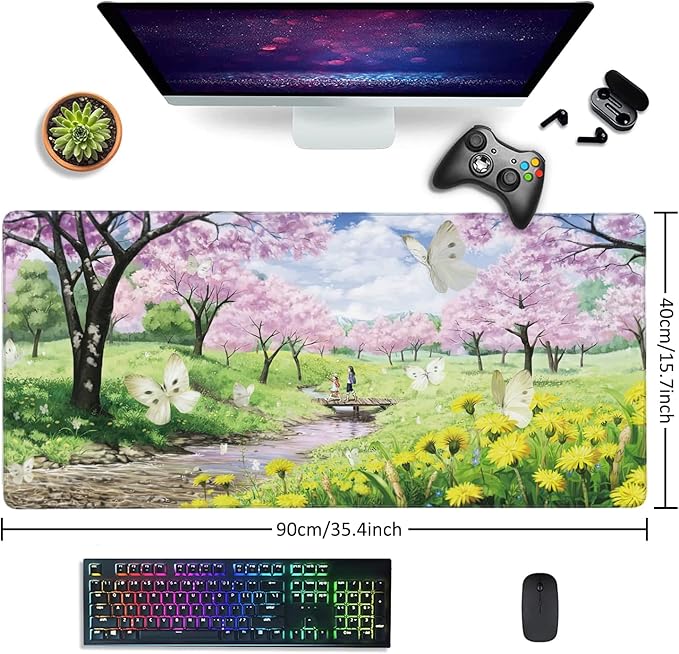 Spring Garden Extended Gaming Mouse Pad Large Desk Mat with Non-Slip Rubber Base and Stitched Edges,Keyboard Mouse Mat Desk Pad for Work,Game,Office,Home 35.4 * 15.7 Inch
