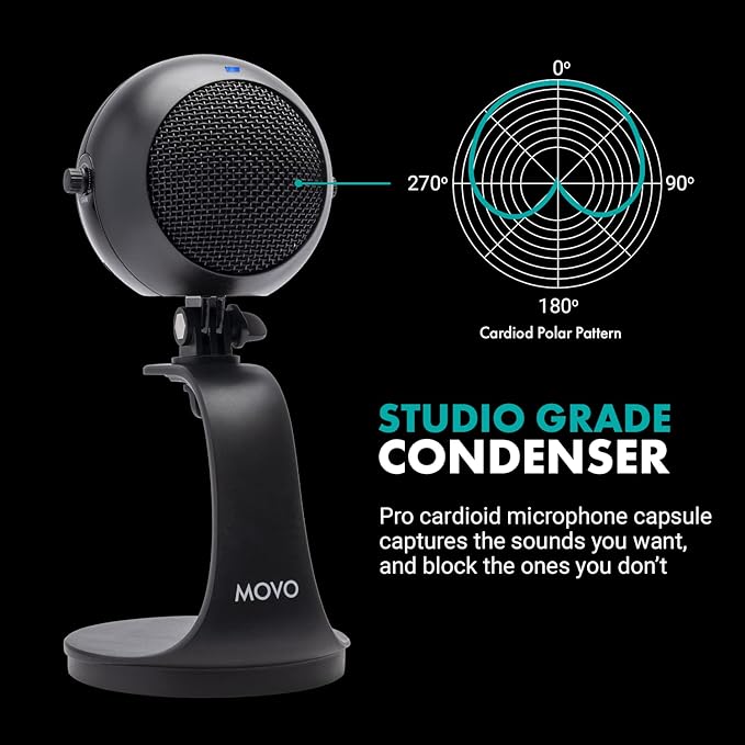 Movo WebMic USB Microphone with Desktop Stand in Black- Cardioid Condenser Computer Microphone for PC and Mac with Mic Gain, Headphone Monitoring- for Gaming, Podcast, Streaming, Video Conferencing