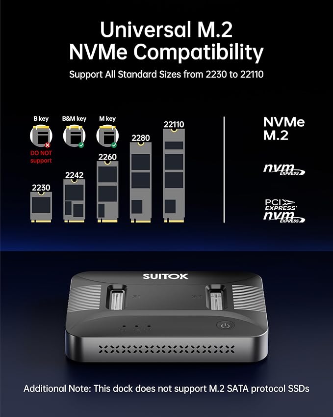 Dual-Bay NVMe M.2 SSD Reader 10Gbps USB C 3.2 Gen 2 Adapter Docking Station for 22110 2280 Gen4 PCIe Hard Drive 16TB External Enclosure Tool-Free Hot-Swap Black for PC PS5 Laptop - STK07 Lite