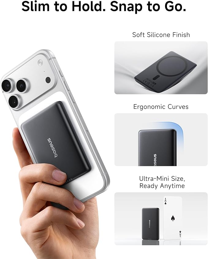 Baseus Picogo Power Bank, Smallest 5,000mAh Magnetic Wireless Charger with USB-C Braided Cable, Fast Charging Portable Battery Pack, NTC Safety Alloy Travel Essential for iPhone 7 Pro Max/17 Air/17e