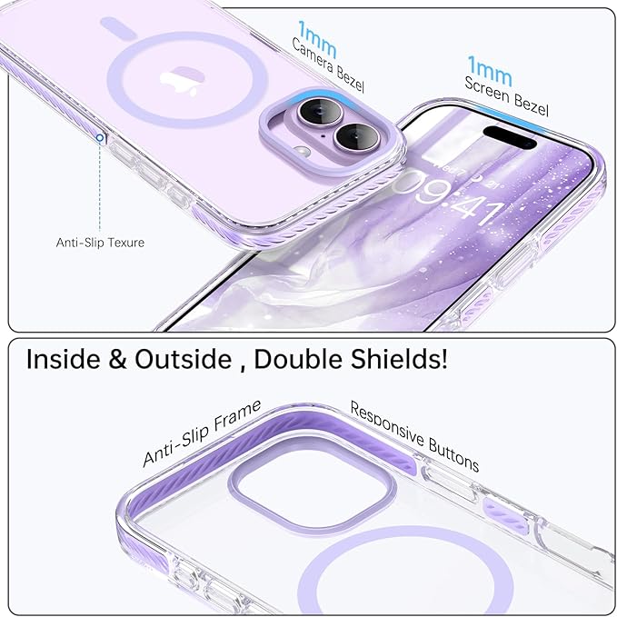 BENTOBEN Magnetic for iPhone 17 6.3" Case, Compatible with Magsafe Military Shockproof Protective Bumper Cute Transparent Slim Anti-Yellowing Women Girl Men Phone Case for iPhone 17 Cover,Clear Purple