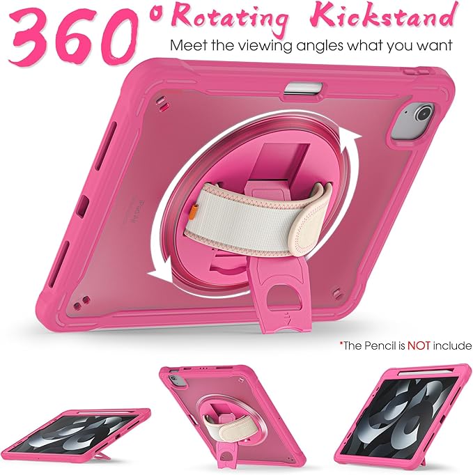 BRAECNstock Case for iPad Air 11-inch M4 2026/ M3 2025/ M2 2024 and Air 5th/4th Gen 10.9‘’ & Pro 11-inch 1st-4th 2018-2022 Kids Cover with Pencil Holder,Screen Protector,Handle Stand-Rose Red