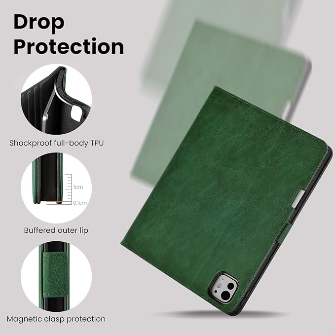 Handmade Case for iPad Pro 11 Inch (M5/M4) 2025/2024 with Pencil Holder Pocket,Magnetic Closure,Auto Sleep/Wake,Vegan Leather Folio Protective Cover,Multi Angles Stand,Green